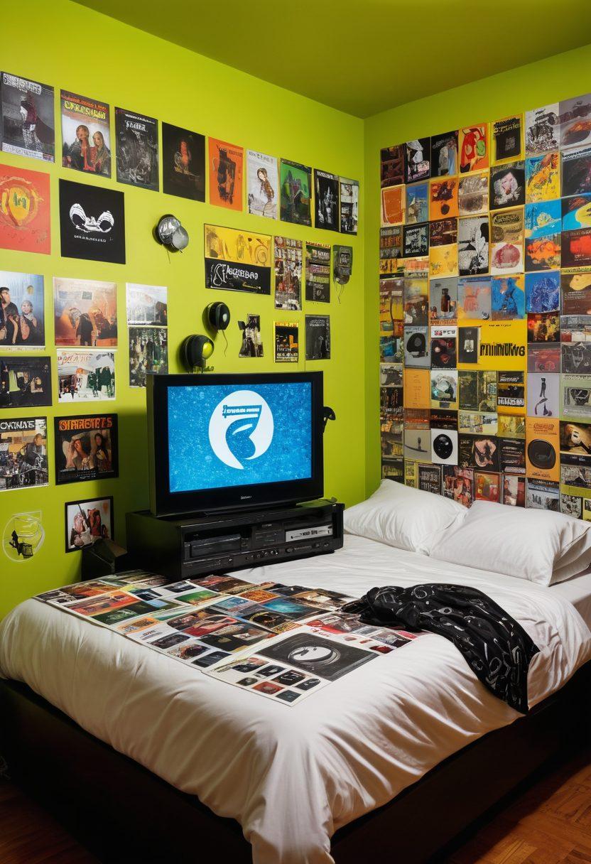 A nostalgic, early-2000s bedroom with a computer displaying the LimeWire logo on the screen, surrounded by music CDs, headphones, and vinyl records. The walls are adorned with posters of popular bands from that era, and a digital connection weaves through the room highlighting peer-to-peer sharing. pixel art. vibrant colors. cozy atmosphere.