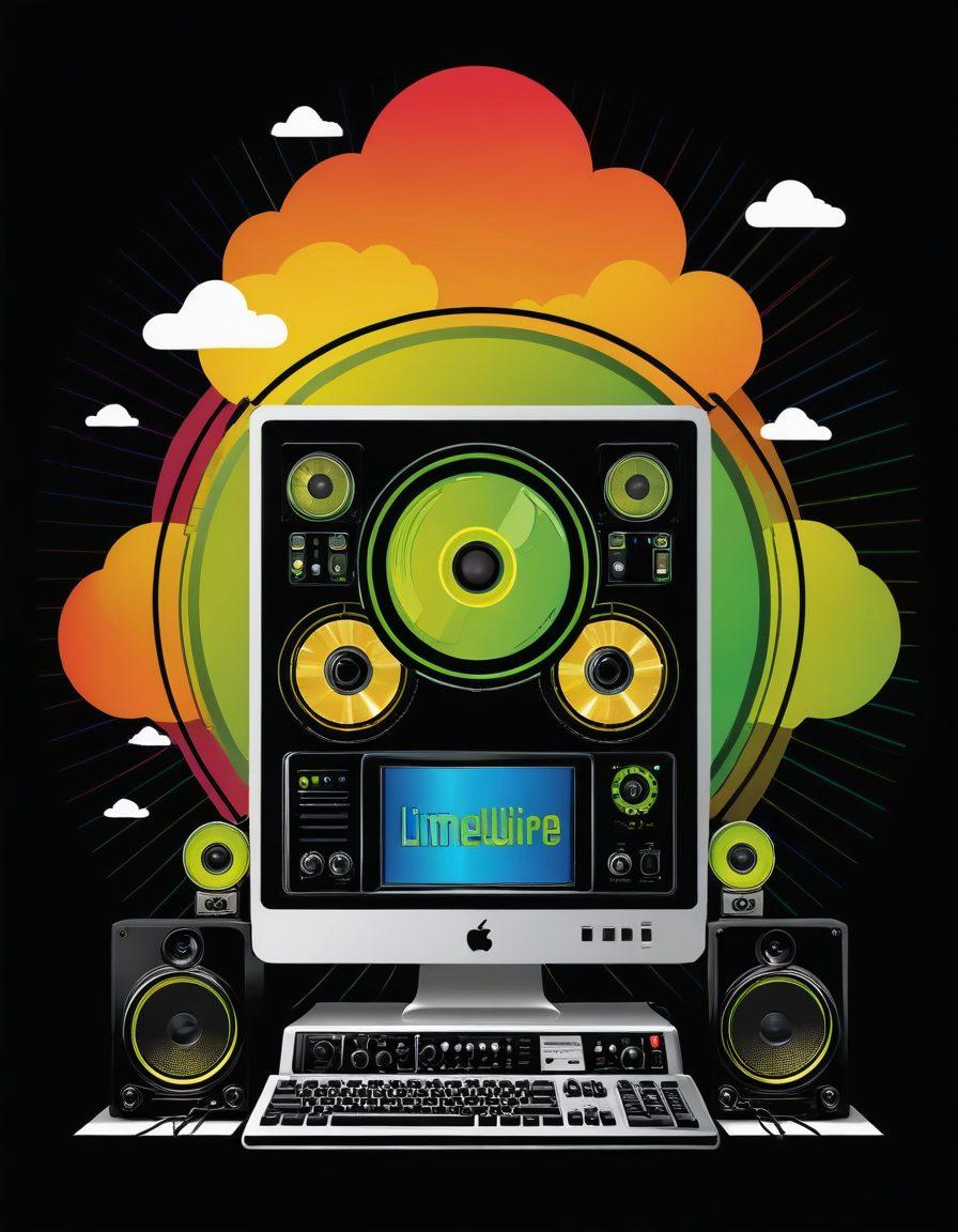 A modernized representation of LimeWire's iconic logo, surrounded by vintage computer screens and classic music albums transitioning into digital symbols. In the background, a timeline showcasing LimeWire's journey from the early 2000s to present day, with contrasting elements of old-school CD stacks and contemporary digital clouds. vibrant colors. vector art. white background.