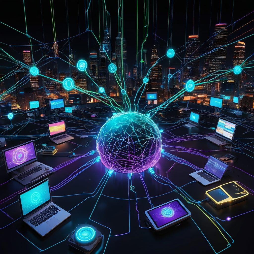 A futuristic digital landscape showcasing a vibrant, interconnected web of peer-to-peer connections. At the center, an old LimeWire icon, revitalized with glowing neon lights, symbolizing its modern renaissance. Surrounding it are various digital devices exchanging data effortlessly, illustrating a thriving, community-driven P2P network. cyberpunk. vibrant colors. 3D.